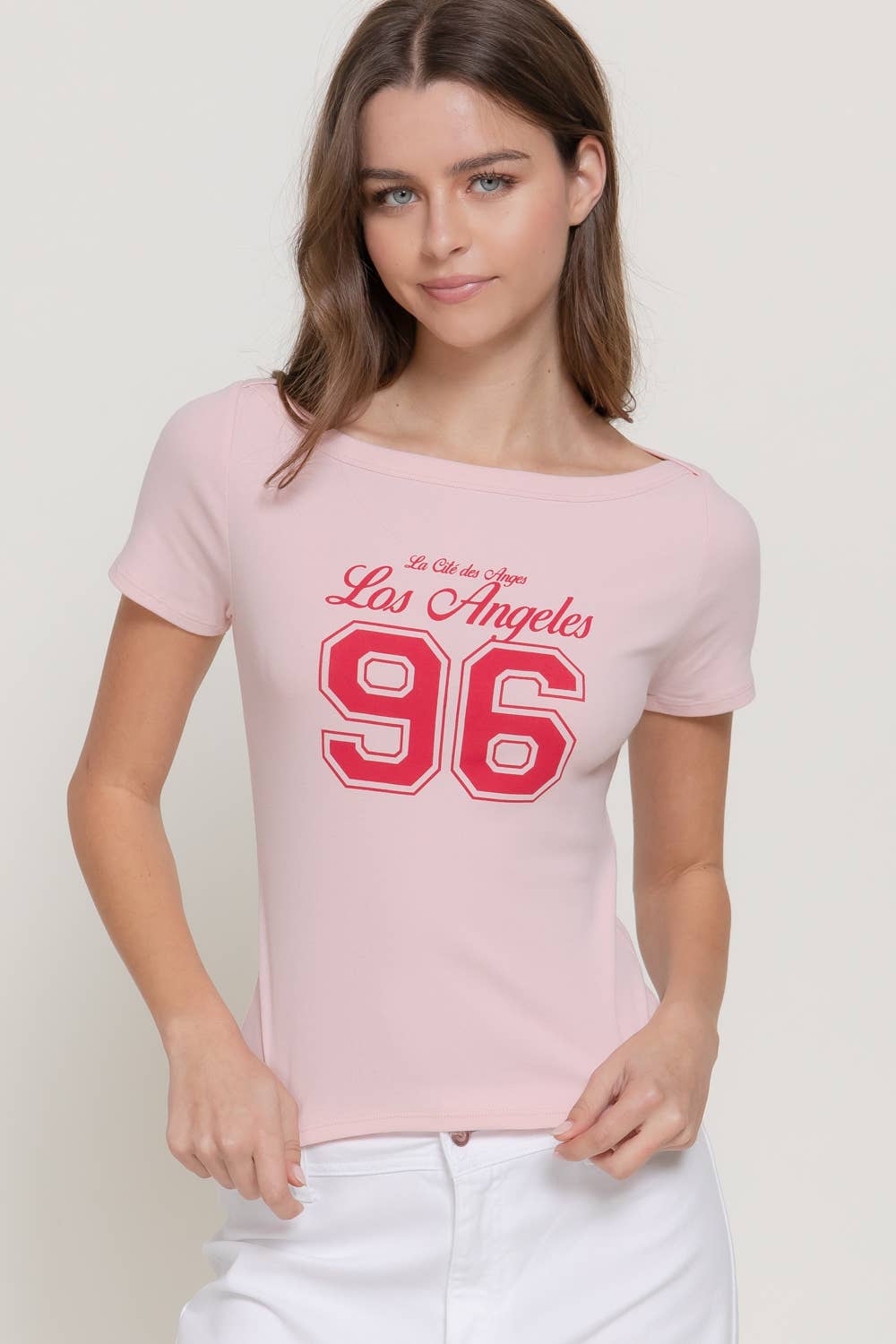 Active USA - Short Sleeve Boat Neck Graphic Print Knit Top - T15307
