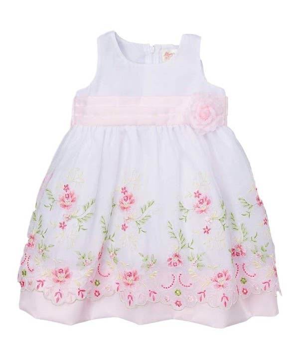 Unik - Girls Pink Floral Embroidered Babydoll Dress - FD16305