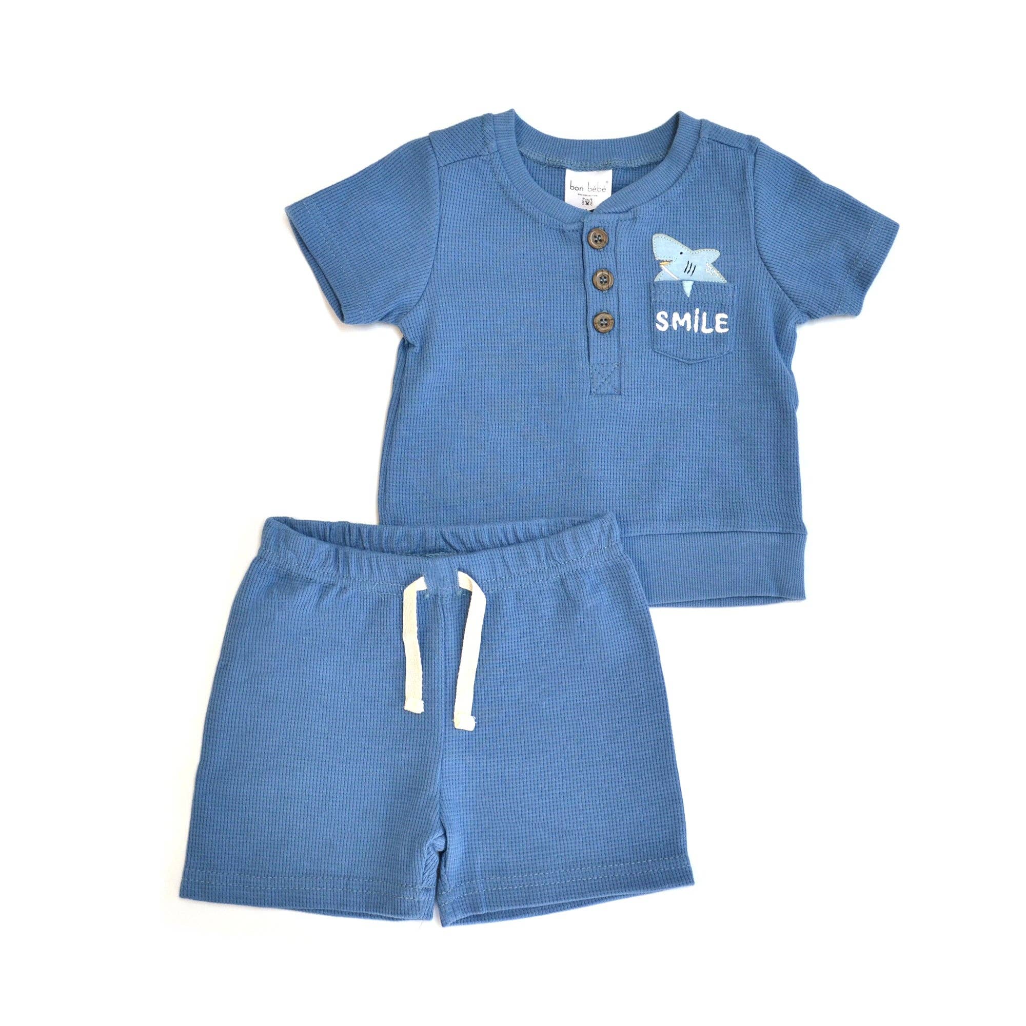 Boys 2pc Summer Cute Waffle Knit Top & Shorts Sets - B112G401