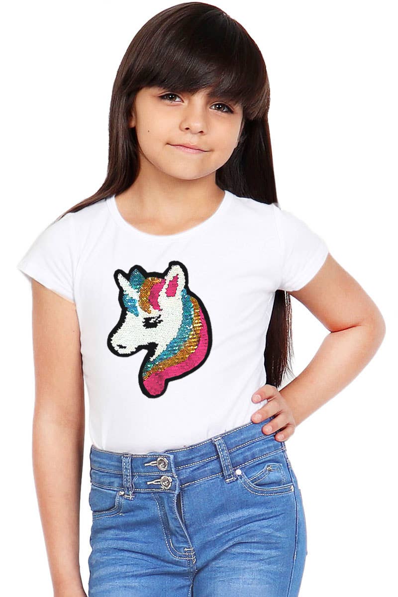 Girl's Knit Scoop Neck Tee W/Sequin Unicorn - GKT-16060B-329