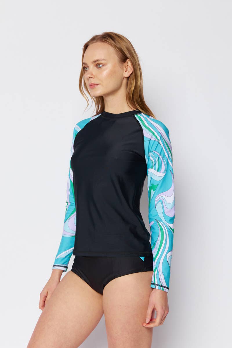 Women's Long Sleeve Rashguard, Highwaisted bottom 2 Pcs - SGBLK - R5704