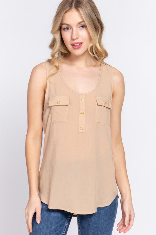 Active USA - Women's Sleeveless Scoop Neck Buttoned Pocket Woven Top - T13395