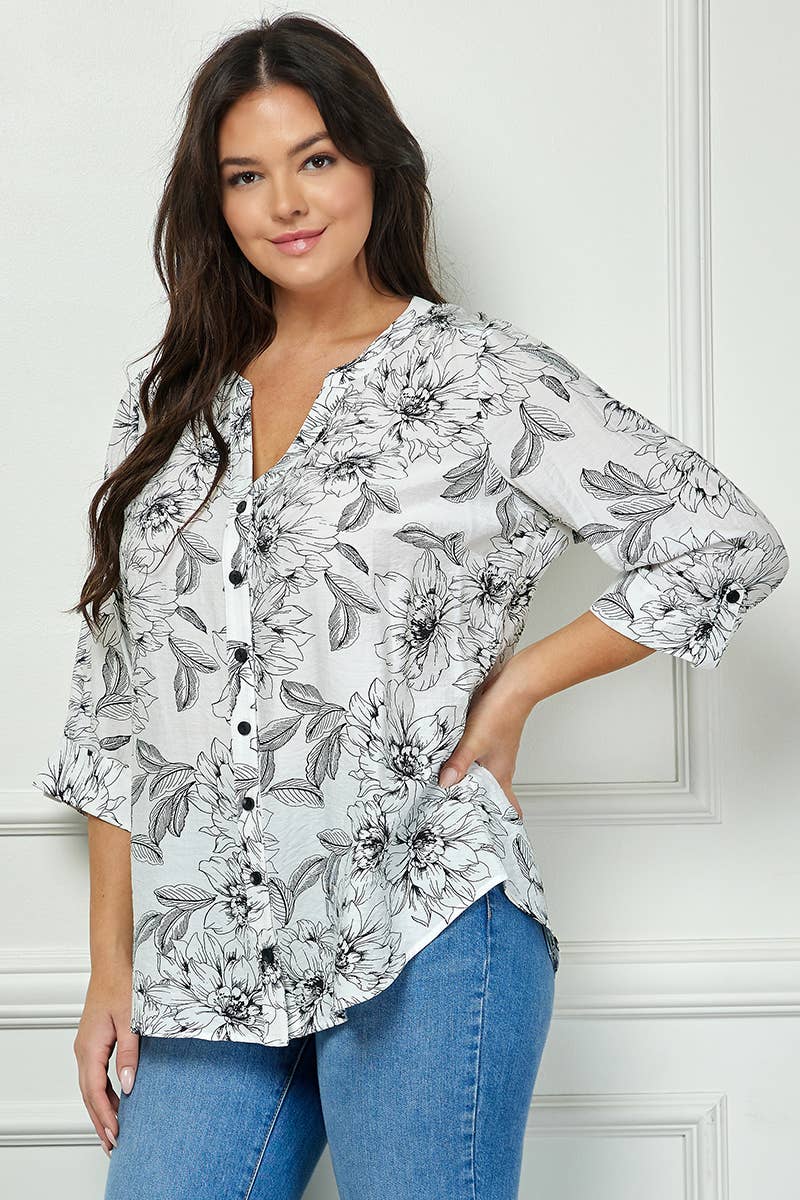 Colección Winslow - Blusa de cuello mandarín con mangas enrollables para mujer [Talla grande] - G946550B13X