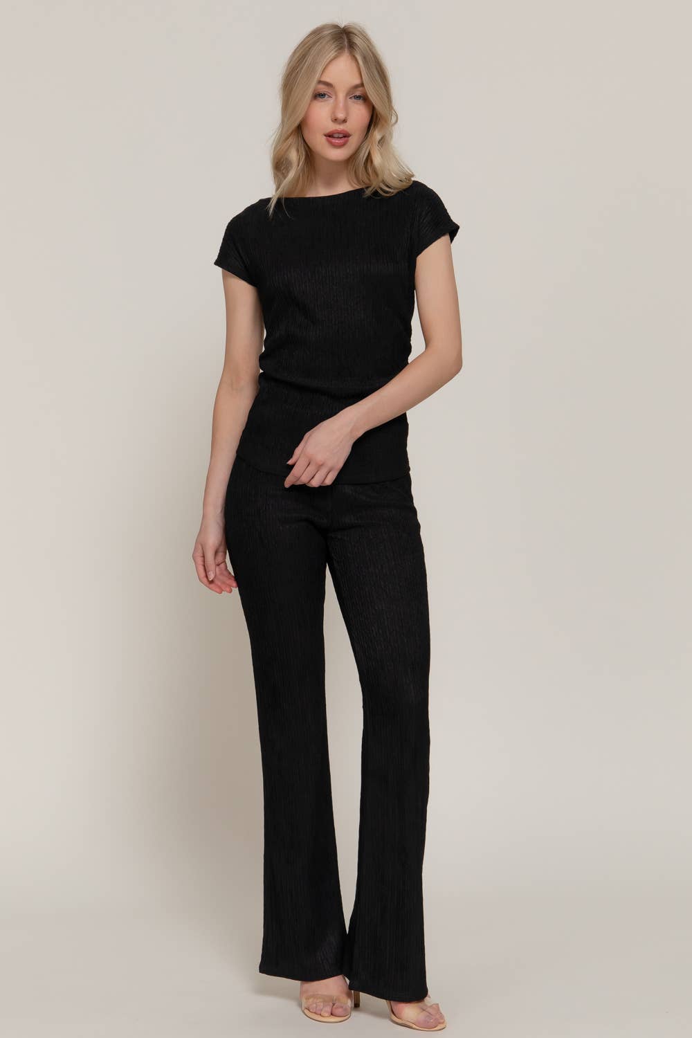 Active USA - Women's Short Dolman Sleeve Top & Flare Long Pants Wavy Crinkle Set - SET14762