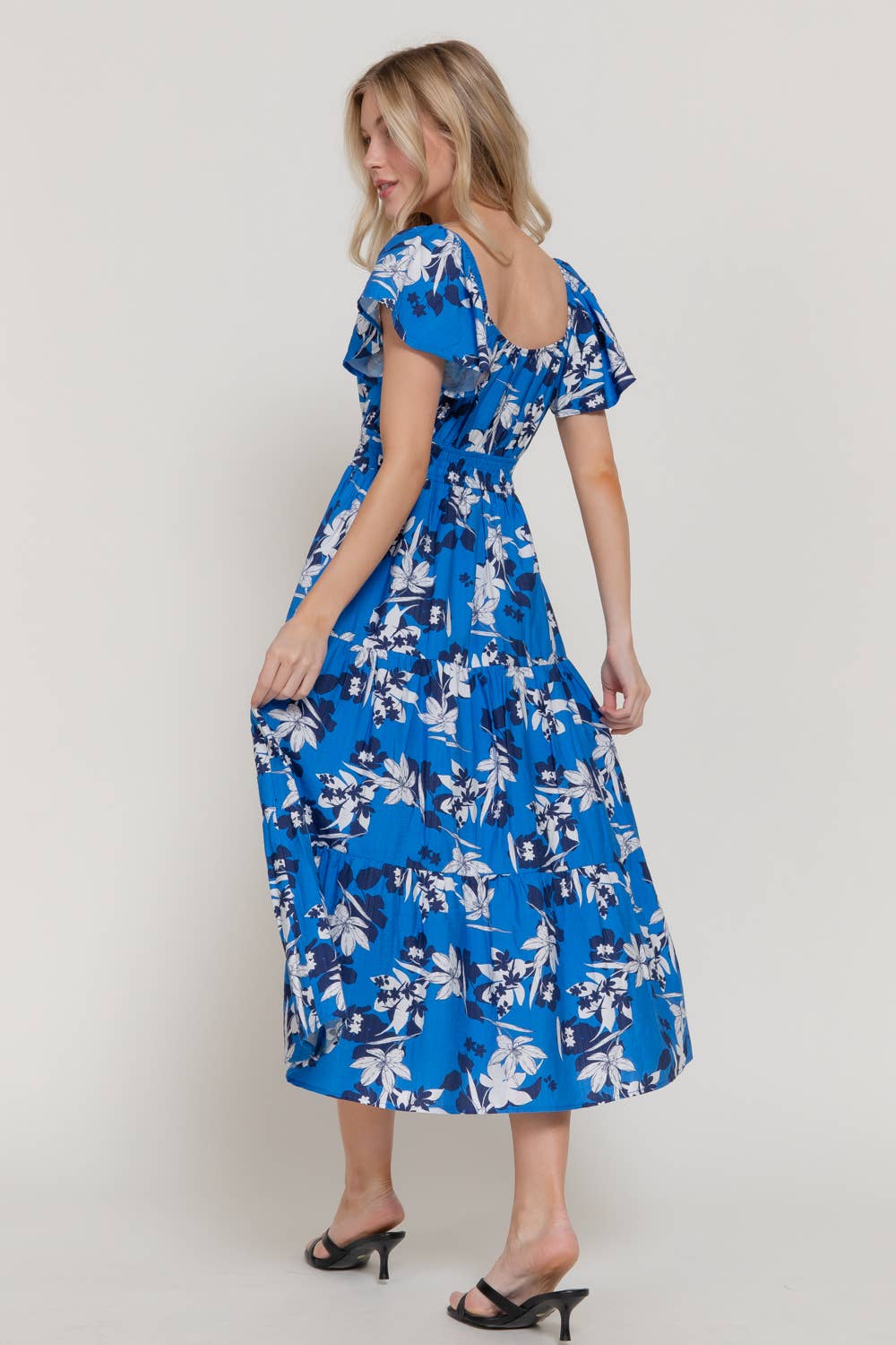 Active USA - Women's Short Flutter Sleeve V-Neck Maxi Printed Dress - D15017