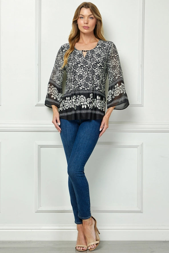 Colección Winslow - Blusa de punto con cuello redondo calado con estampado de flores vintage para mujer - G516401M68