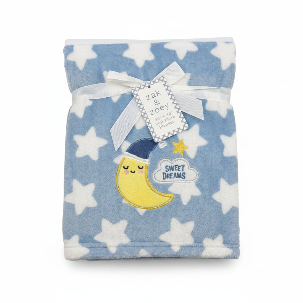 Zak & Zoey - Boy's Blue Blanket with Yellow Moon - BAB123