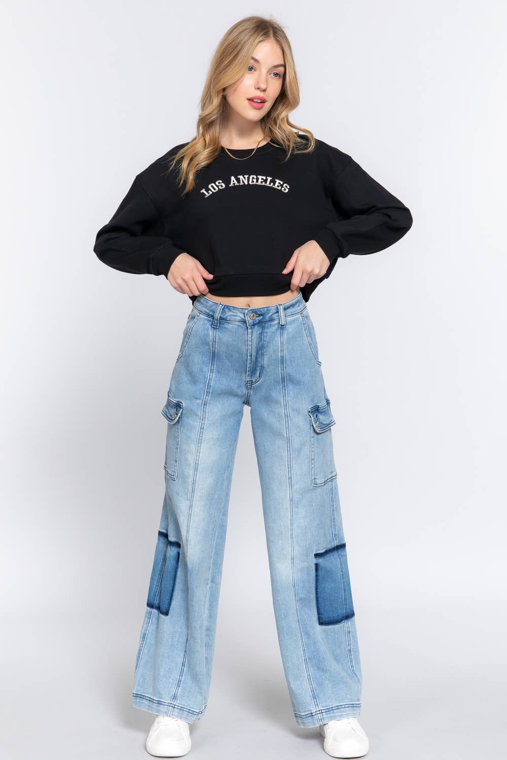Active USA - Women's Long Dolman Sleeve Crew Neck Embroidery Crop Sweatshirt - T13931