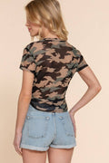 Active USA - Women's Short Sleeve Crew Neck Knotted Camo Print Mesh Mesh Top - T13998