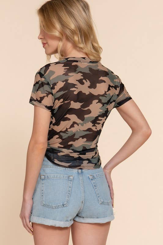 Active USA - Women's Short Sleeve Crew Neck Knotted Camo Print Mesh Mesh Top - T13998