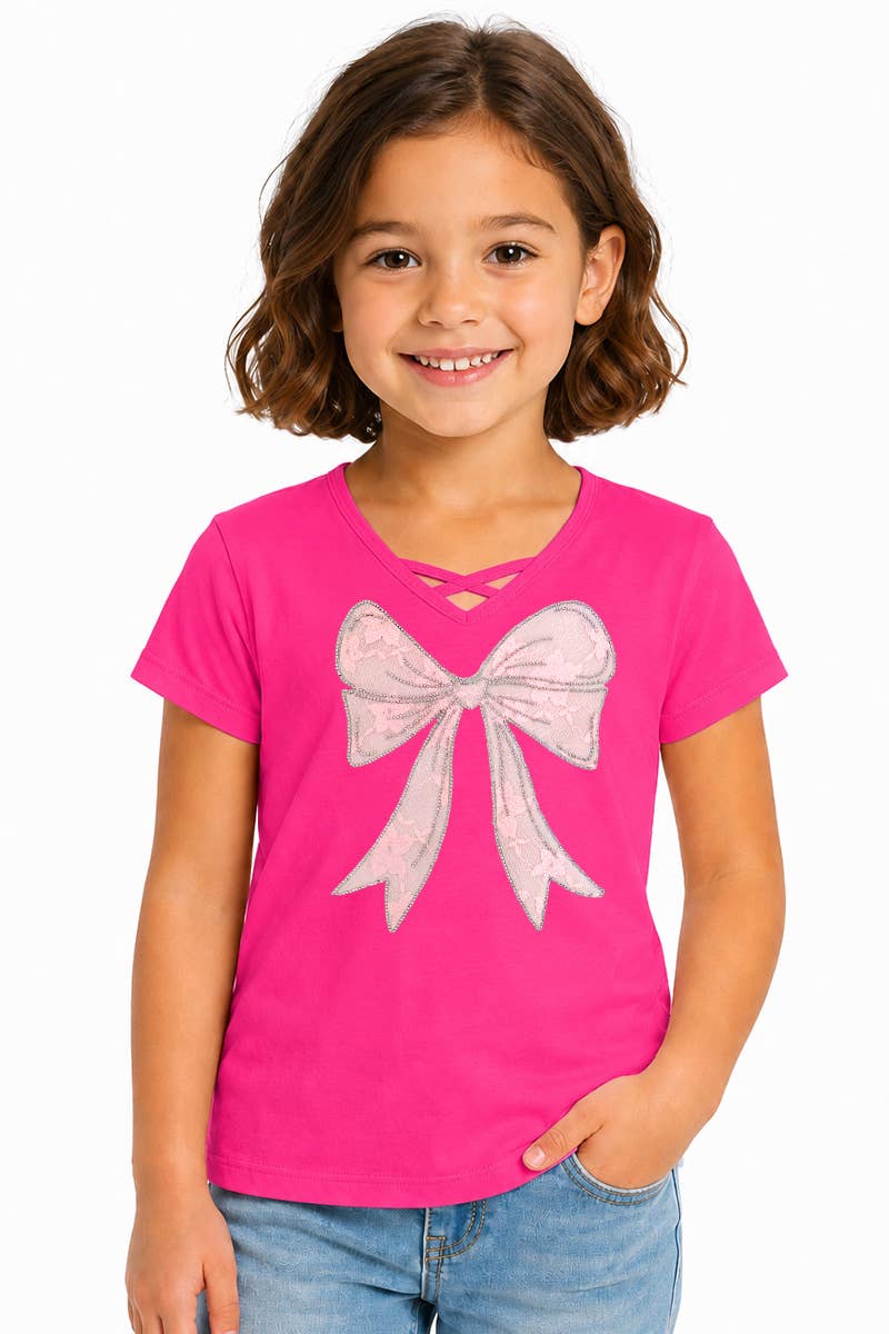 Girl's Graphic Tee with Bow Patch & Rhine - GKT-16810B-833