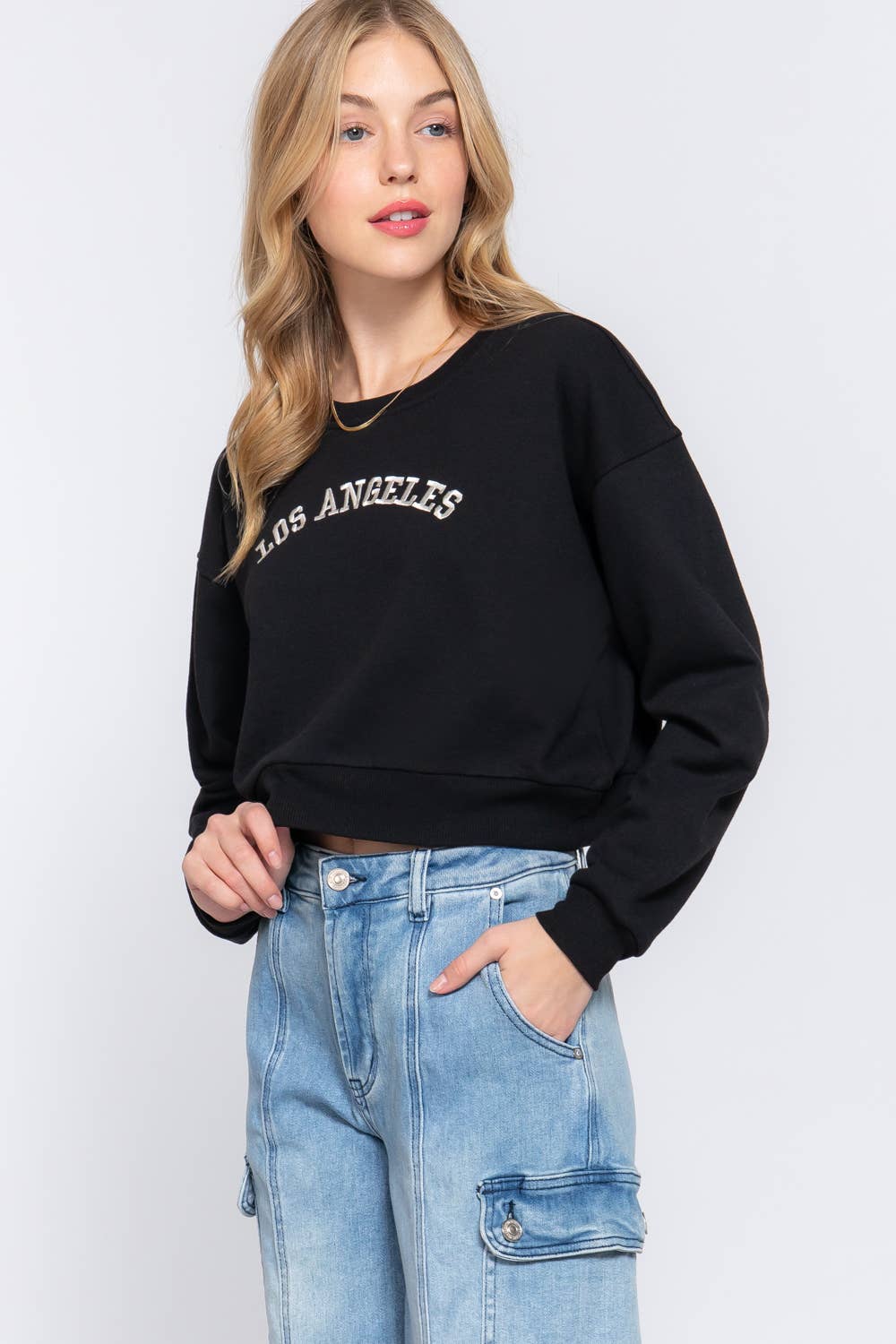 Active USA - Women's Long Dolman Sleeve Crew Neck Embroidery Crop Sweatshirt - T13931