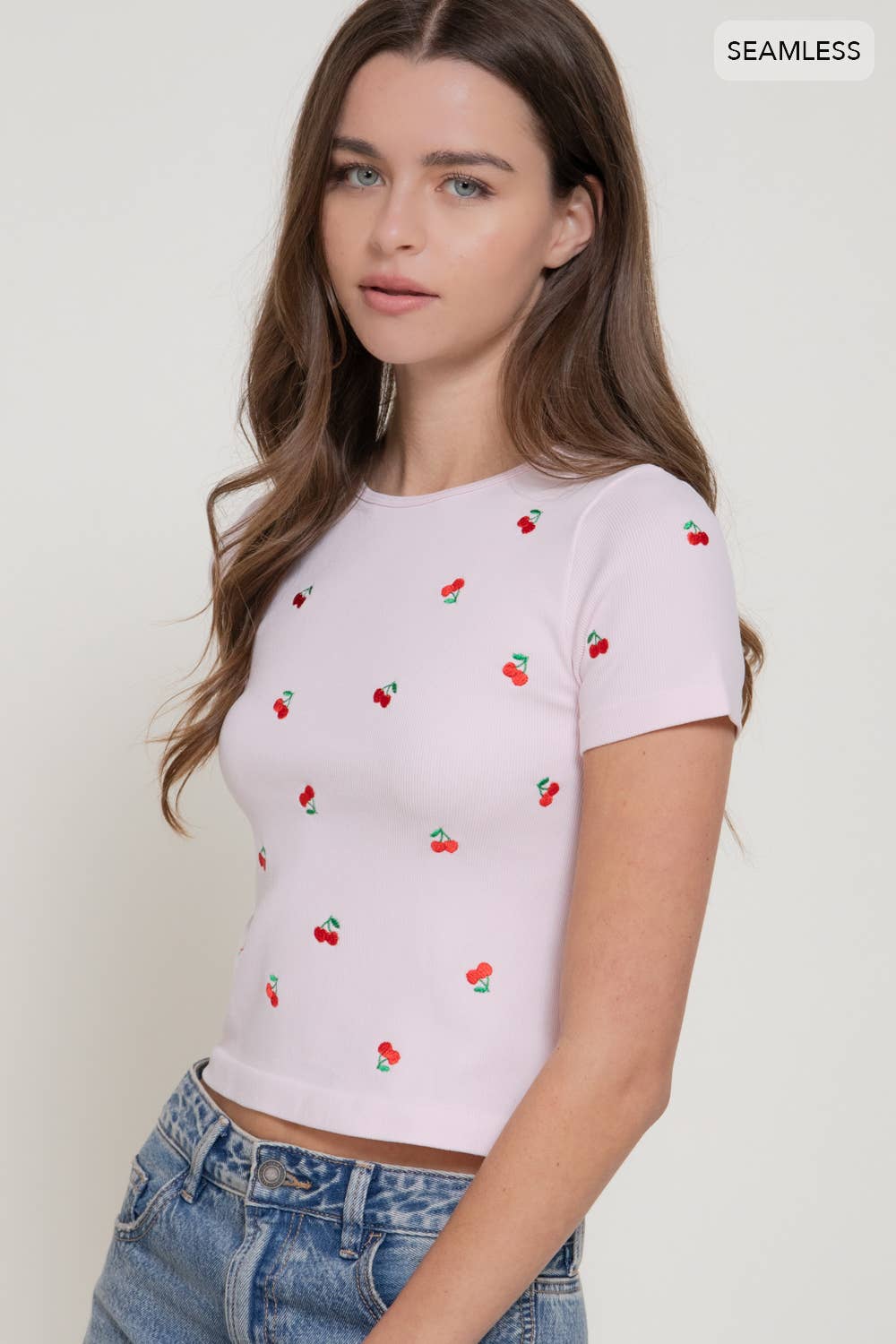 Active USA - Women's Short Sleeve Crew Neck Cherry Embroidery Detail Seamless Top - T15245