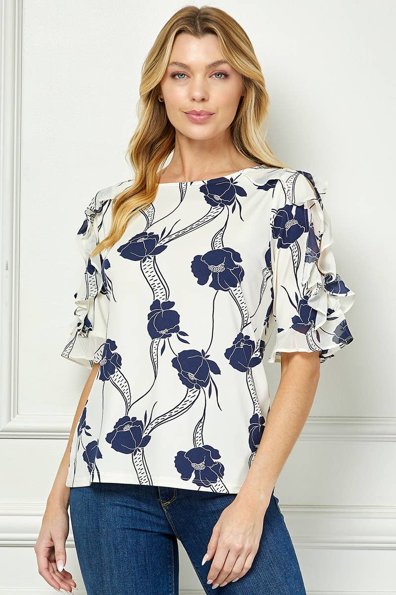 Winslow Collection - Women’s Mono Bloom Cold Shoulder Boatneck Ruffle Blouse - G523101L46