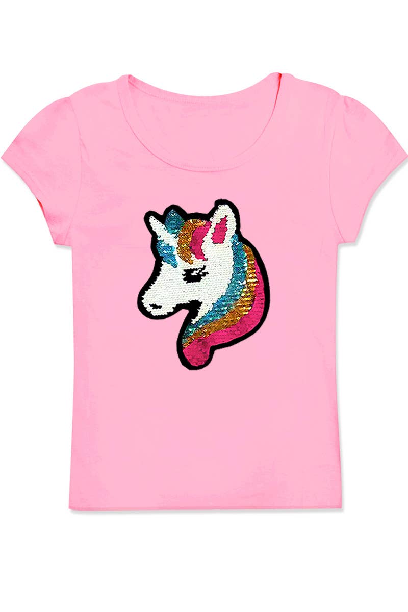 Girl's Knit Scoop Neck Tee W/Sequin Unicorn - GKT-16060B-329