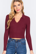 Active USA - Suéter de punto acanalado de manga larga con cuello con muescas para mujer - SW13185