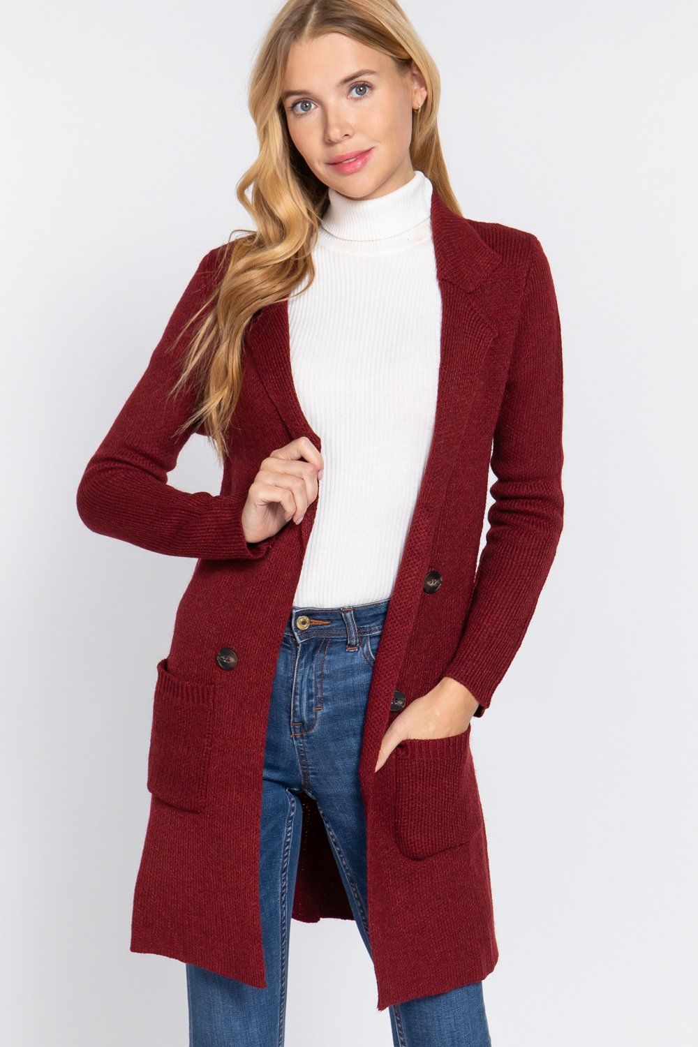 Active USA - Long Sleeve Notched Collar Sweater Jacket - J12027