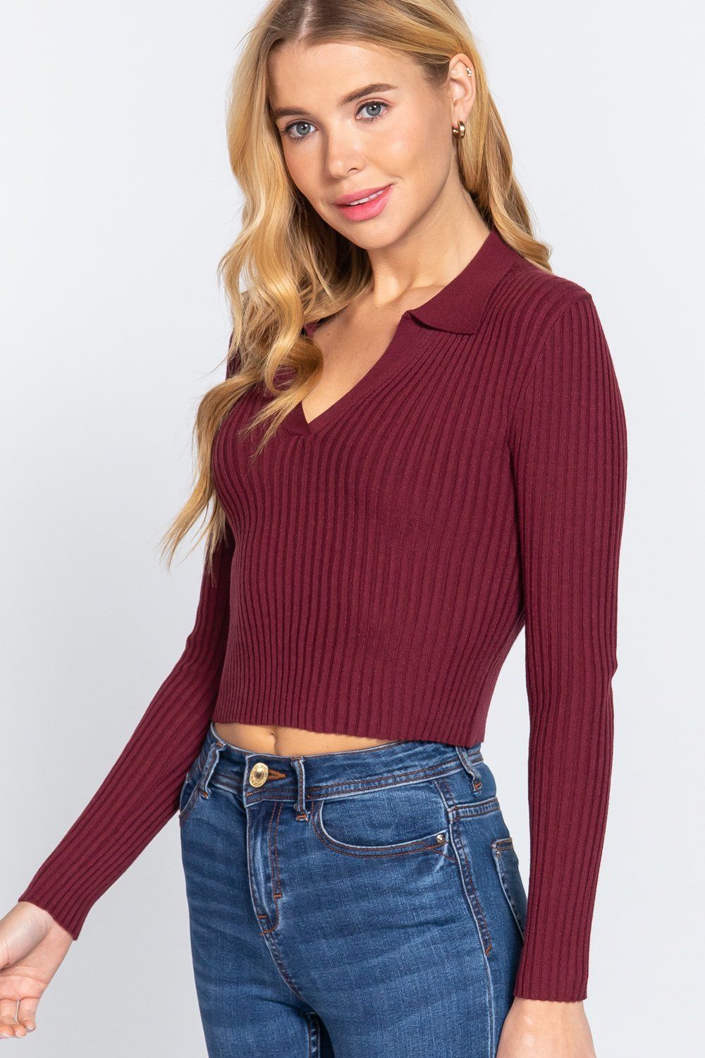 Active USA - Suéter de punto acanalado de manga larga con cuello con muescas para mujer - SW13185