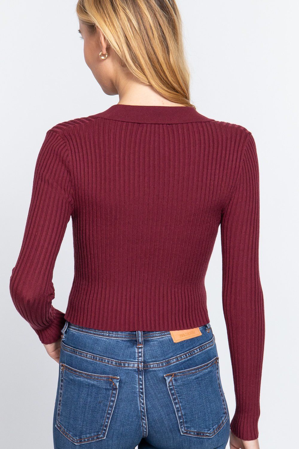 Active USA - Suéter de punto acanalado de manga larga con cuello con muescas para mujer - SW13185