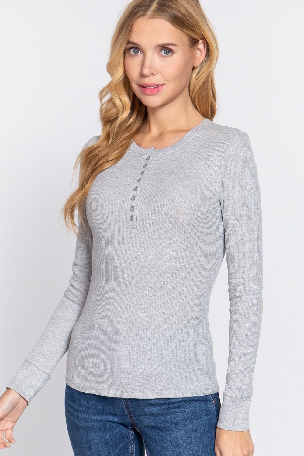Active USA - Women's Long Sleeve Henley Thermal Knit Top - T11757