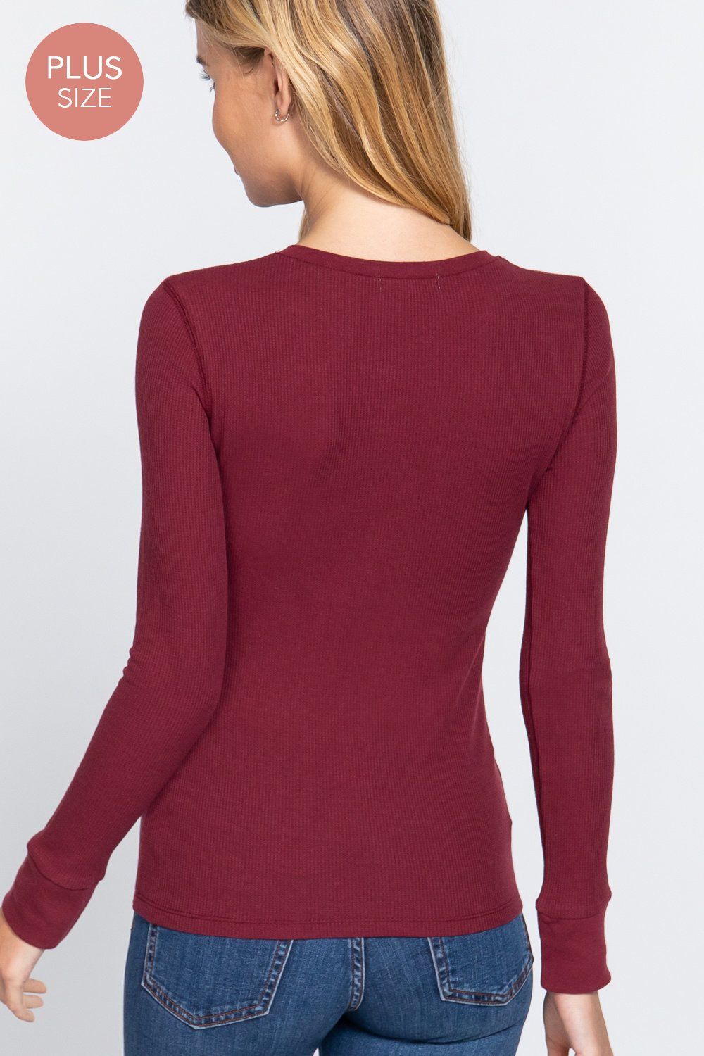 Active USA - Women's Long Sleeve Henley Thermal Knit Top [Plus Size] - T71757