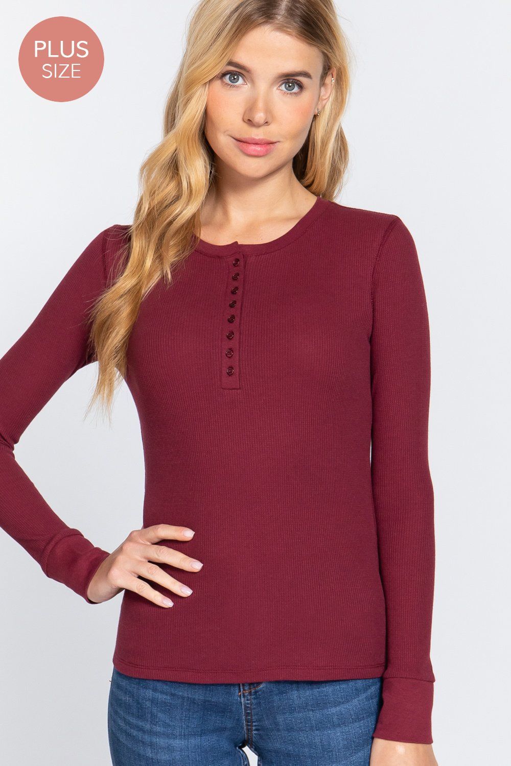 Active USA - Women's Long Sleeve Henley Thermal Knit Top [Plus Size] - T71757