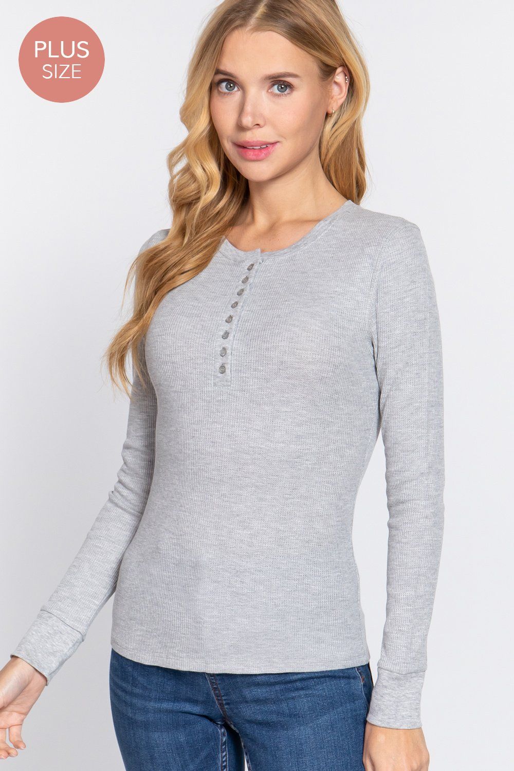 Active USA - Women's Long Sleeve Henley Thermal Knit Top [Plus Size] - T71757