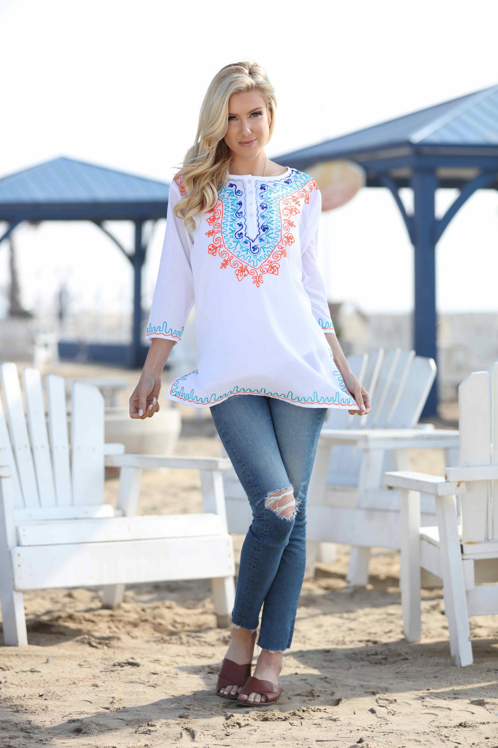 Women’s White Handmade 100% Cotton Embroidered White Orange Tunic Top - 2027