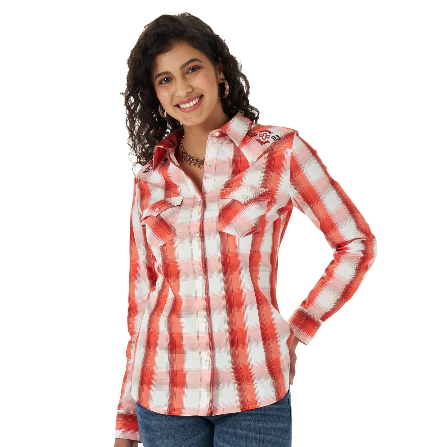 Wrangler - Women's Retro Long Sleeve Embroidered Yoke Plaid Top - LW5014M