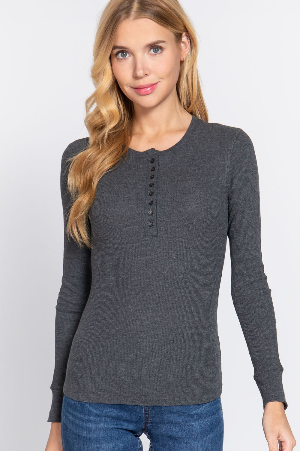 Active USA - Women's Long Sleeve Henley Thermal Knit Top - T11757