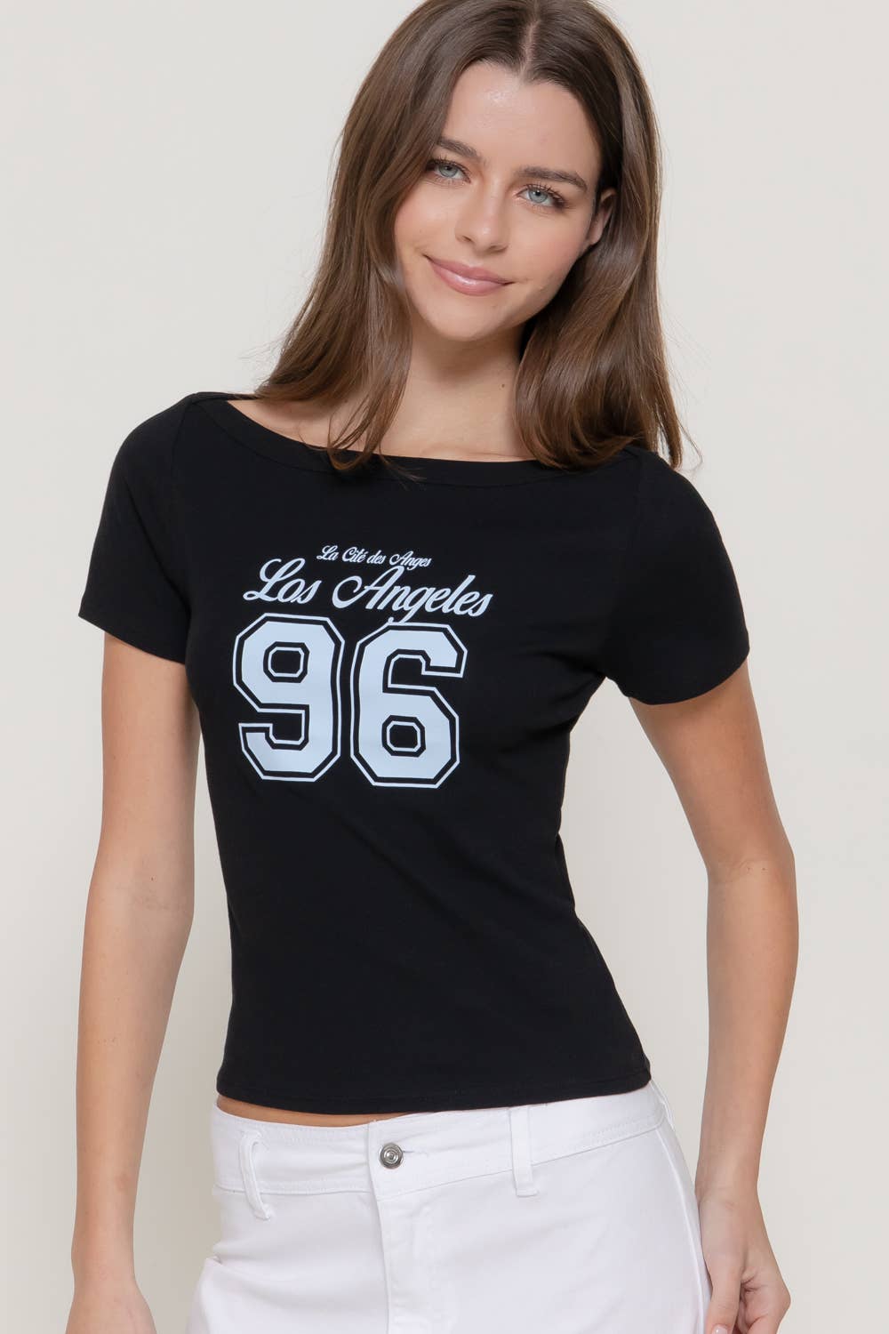 Active USA - Short Sleeve Boat Neck Graphic Print Knit Top - T15307