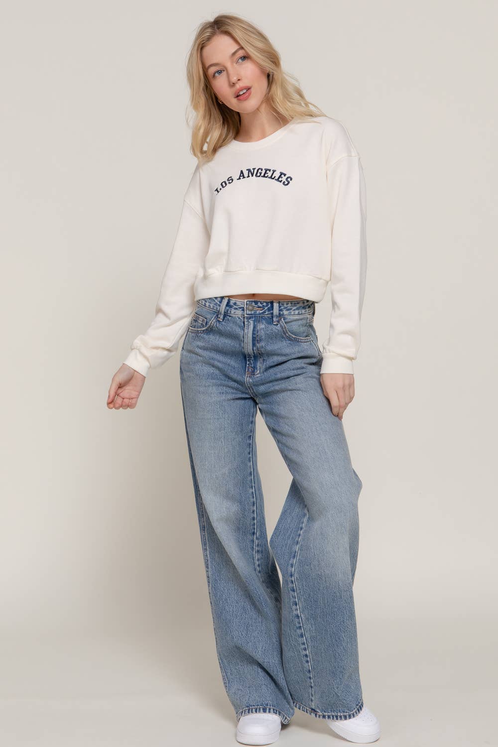 Active USA - Women's Long Dolman Sleeve Crew Neck Embroidery Crop Sweatshirt - T13931