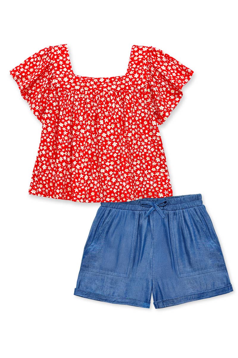 Girl's 2 pc Floral Top & Chambray Short Set - GKSS-37310B