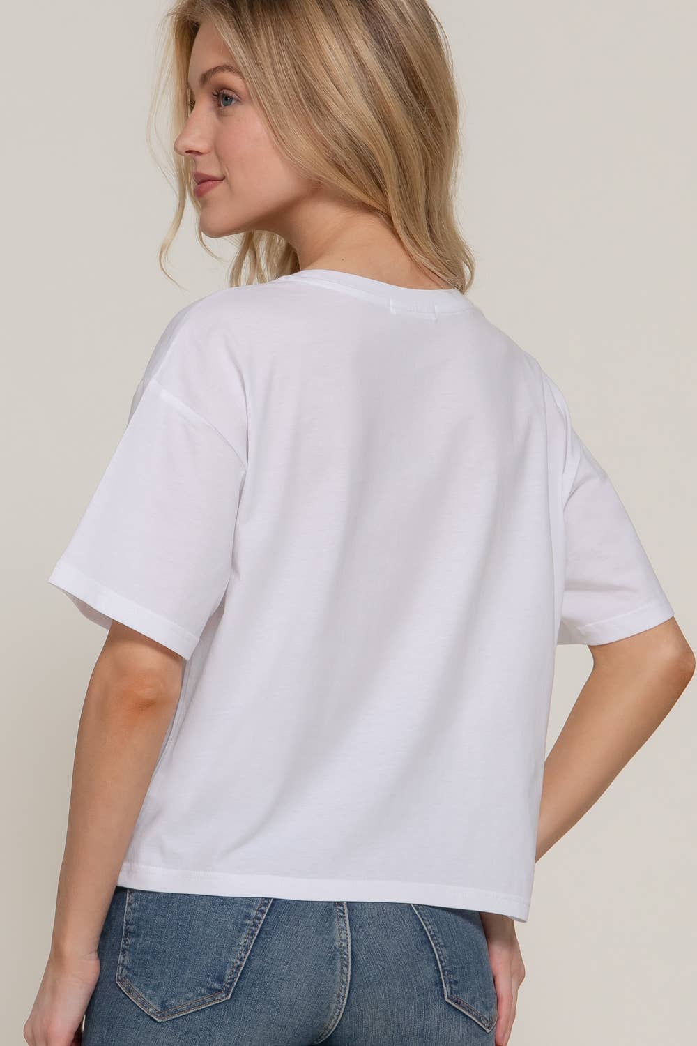 Active USA - Women's Short Sleeve Crew Neck Lace Patch Oversize Cotton Jersey Top - T14465