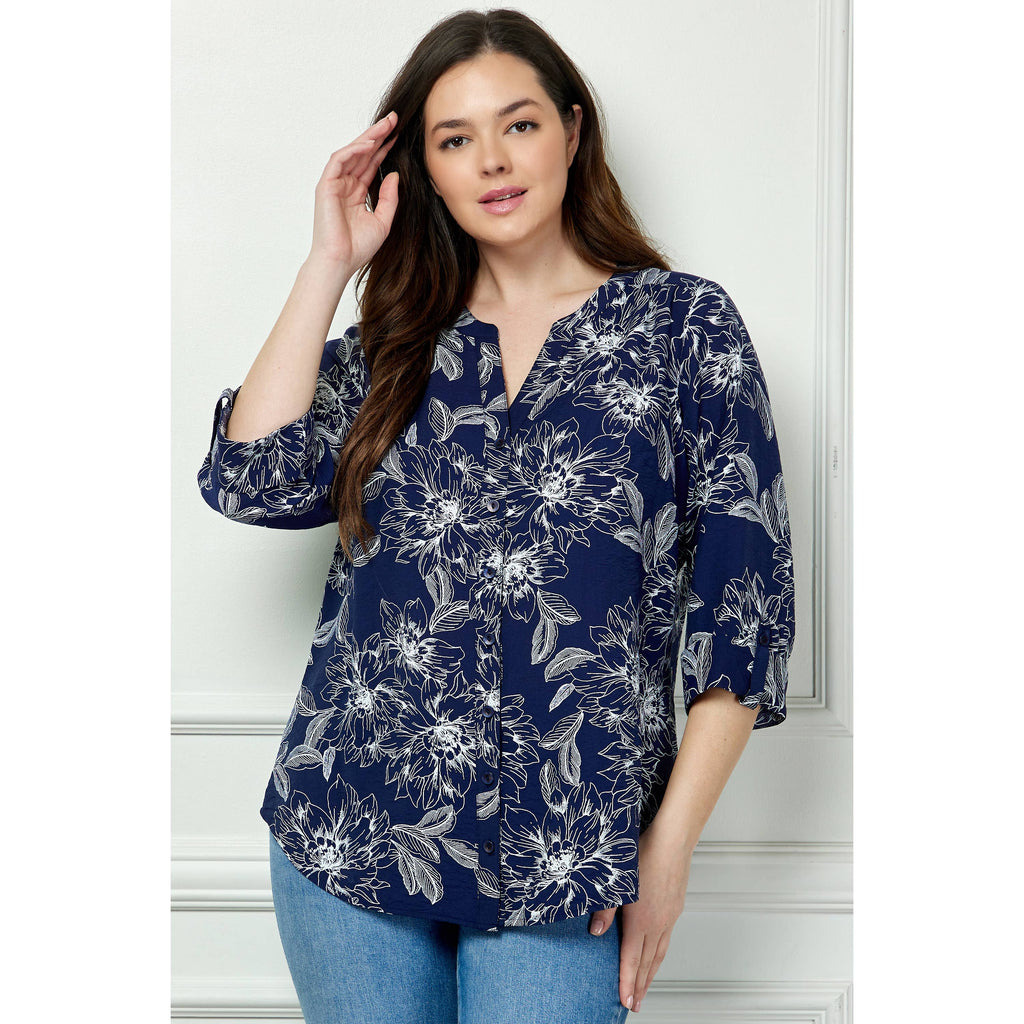 Colección Winslow - Blusa de cuello mandarín con mangas enrollables para mujer [Talla grande] - G946550B13X