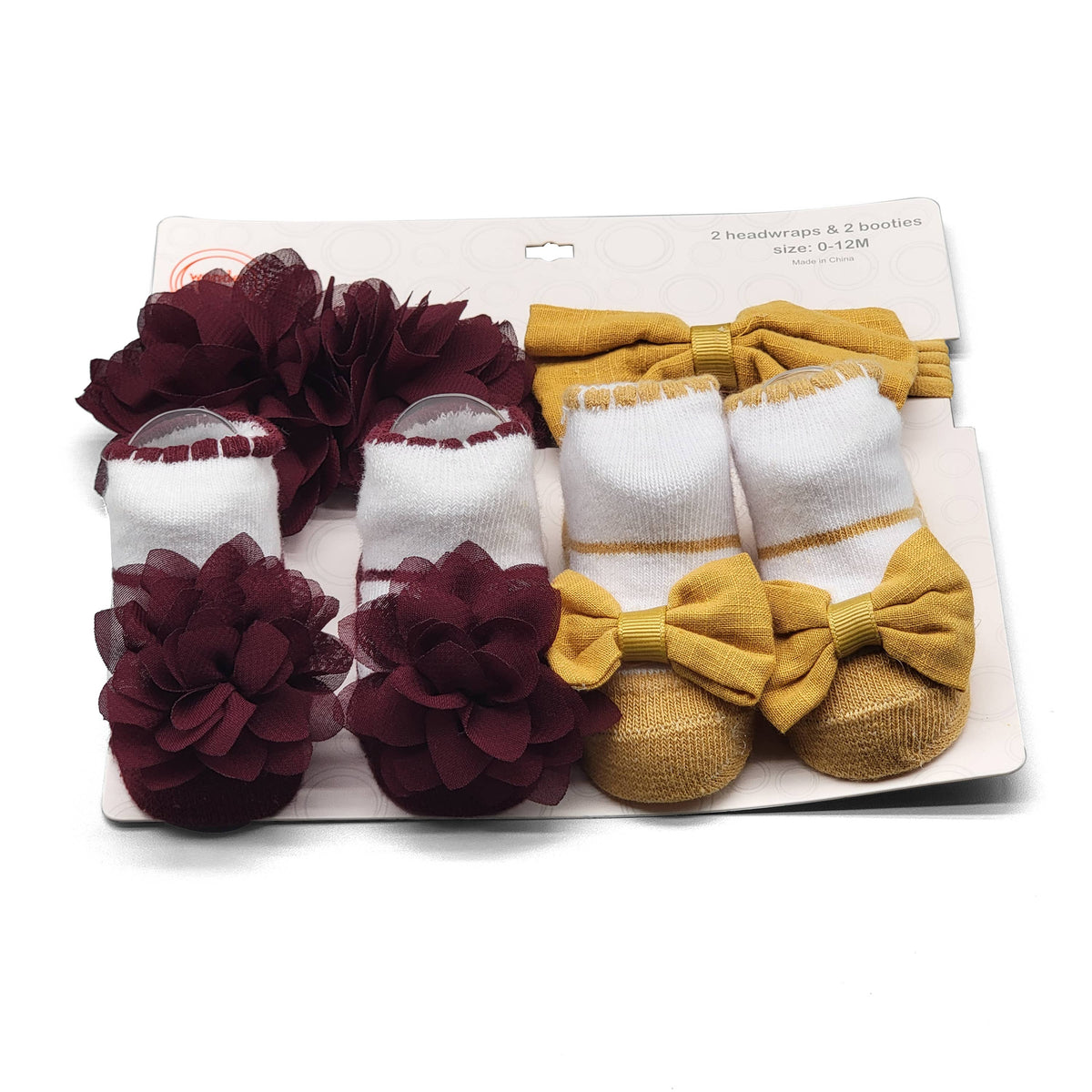 Baby Headwraps & Bootie Socks Set – Burgundy & Mustard - W991215