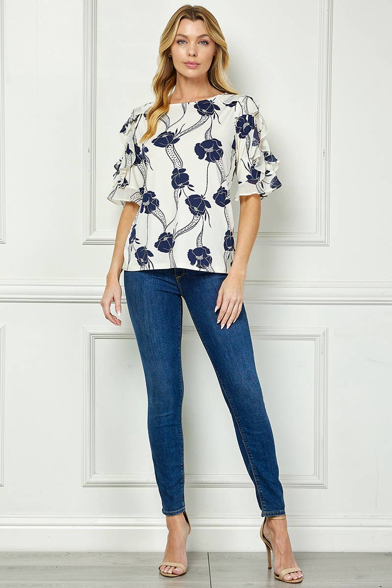 Winslow Collection - Women’s Mono Bloom Cold Shoulder Boatneck Ruffle Blouse - G523101L46