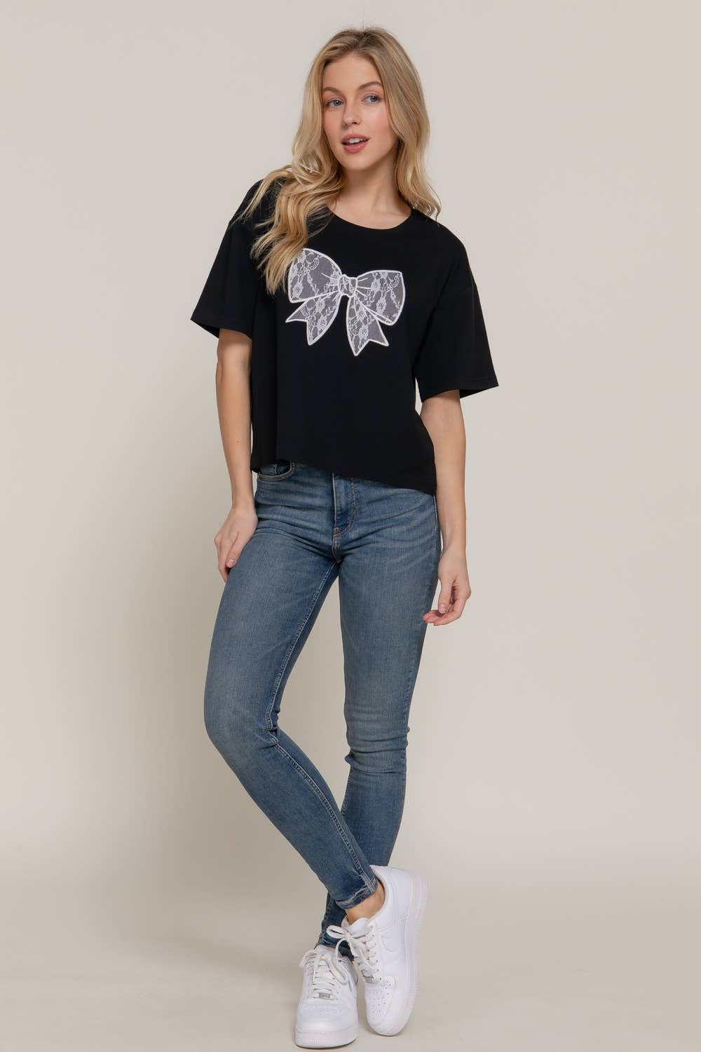 Active USA - Women's Short Sleeve Crew Neck Lace Patch Oversize Cotton Jersey Top - T14465