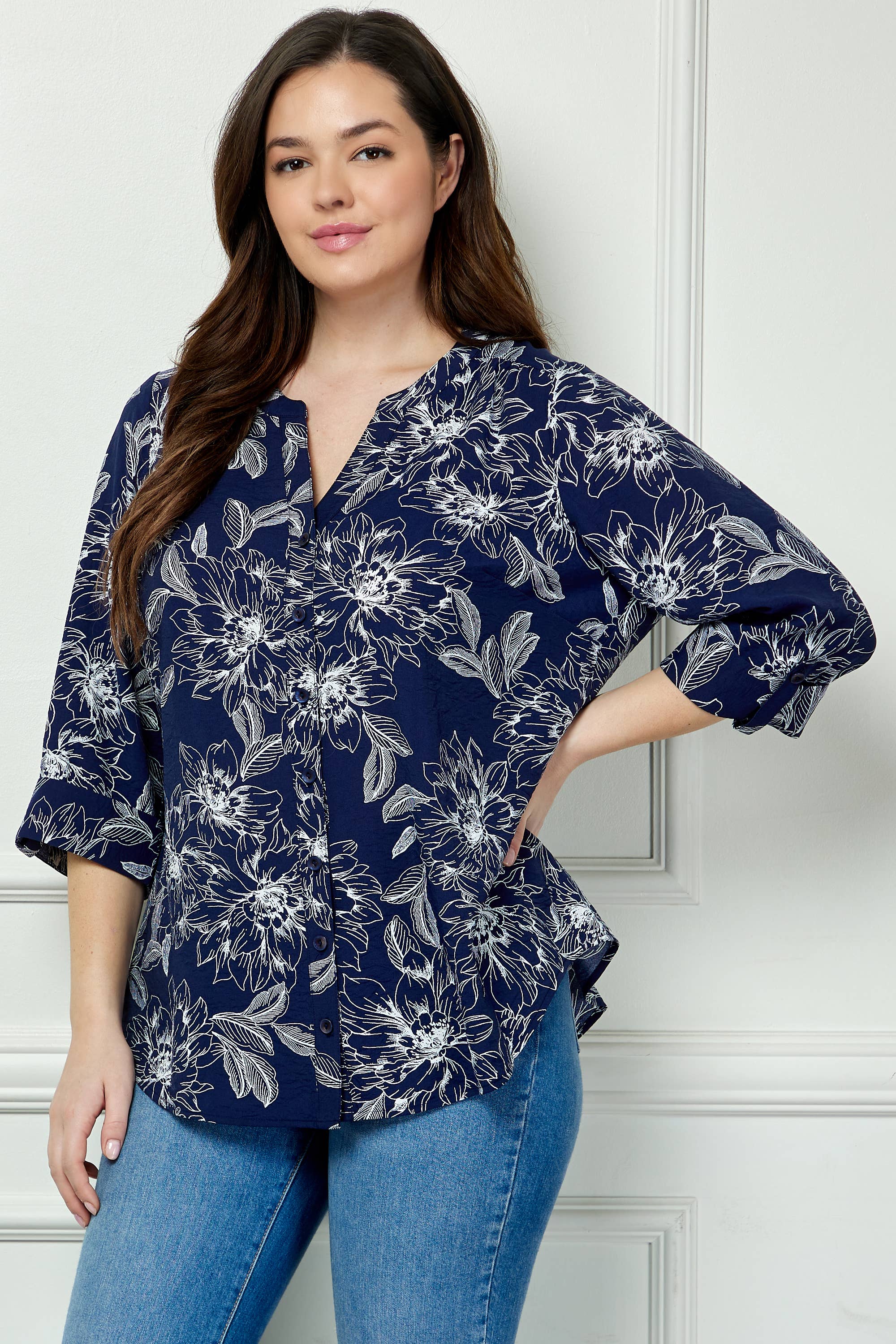 Colección Winslow - Blusa de cuello mandarín con mangas enrollables para mujer [Talla grande] - G946550B13X