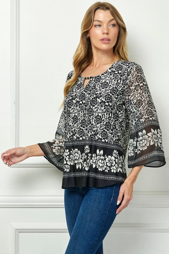 Colección Winslow - Blusa de punto con cuello redondo calado con estampado de flores vintage para mujer - G516401M68