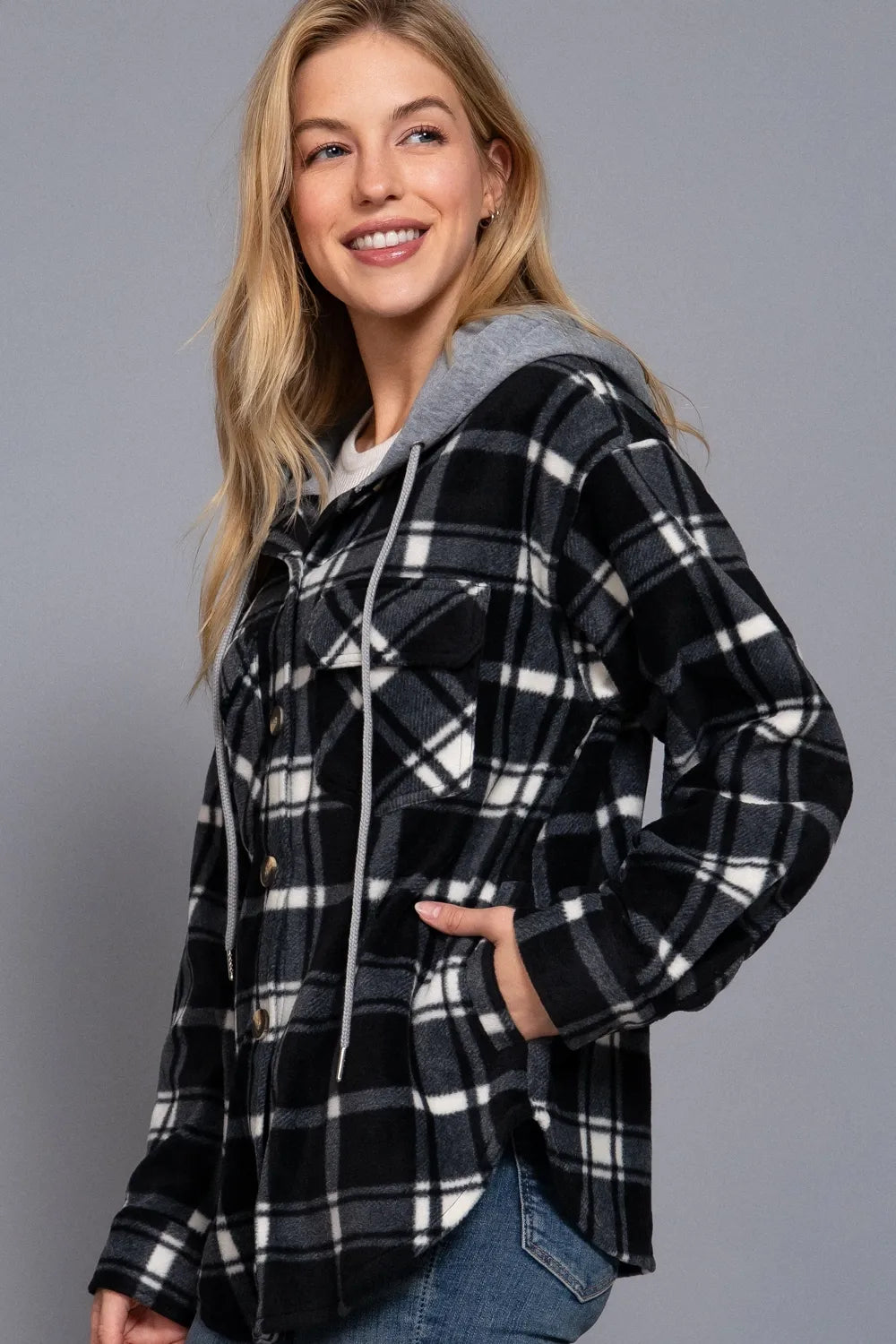 Active USA - Plaid Print Hoodie Fleece Jacket - J13272