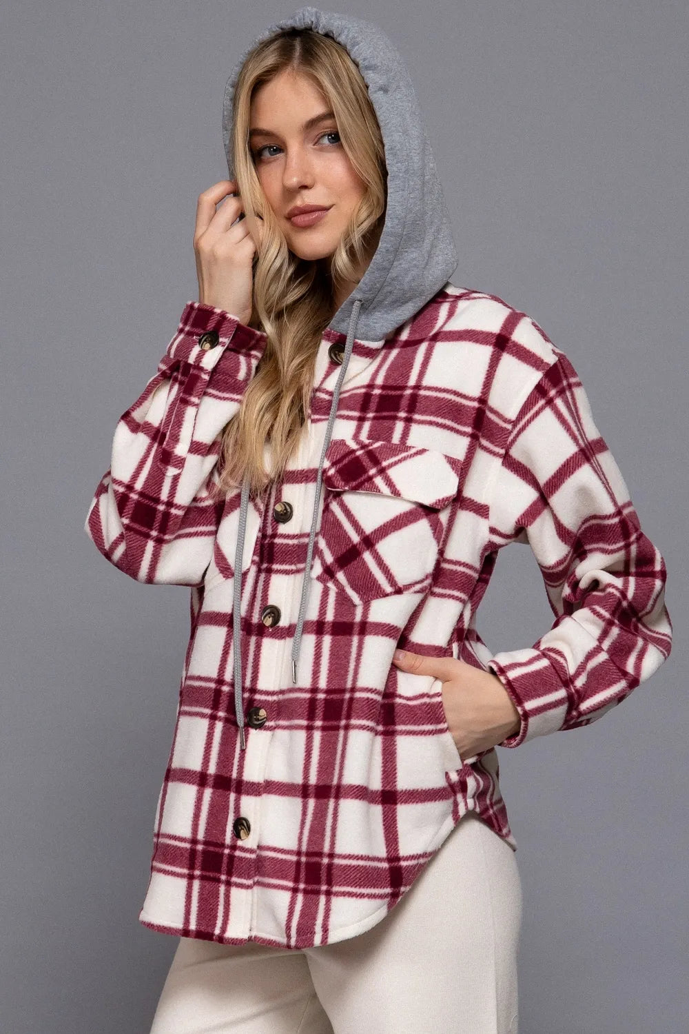 Active USA - Plaid Print Hoodie Fleece Jacket - J13272