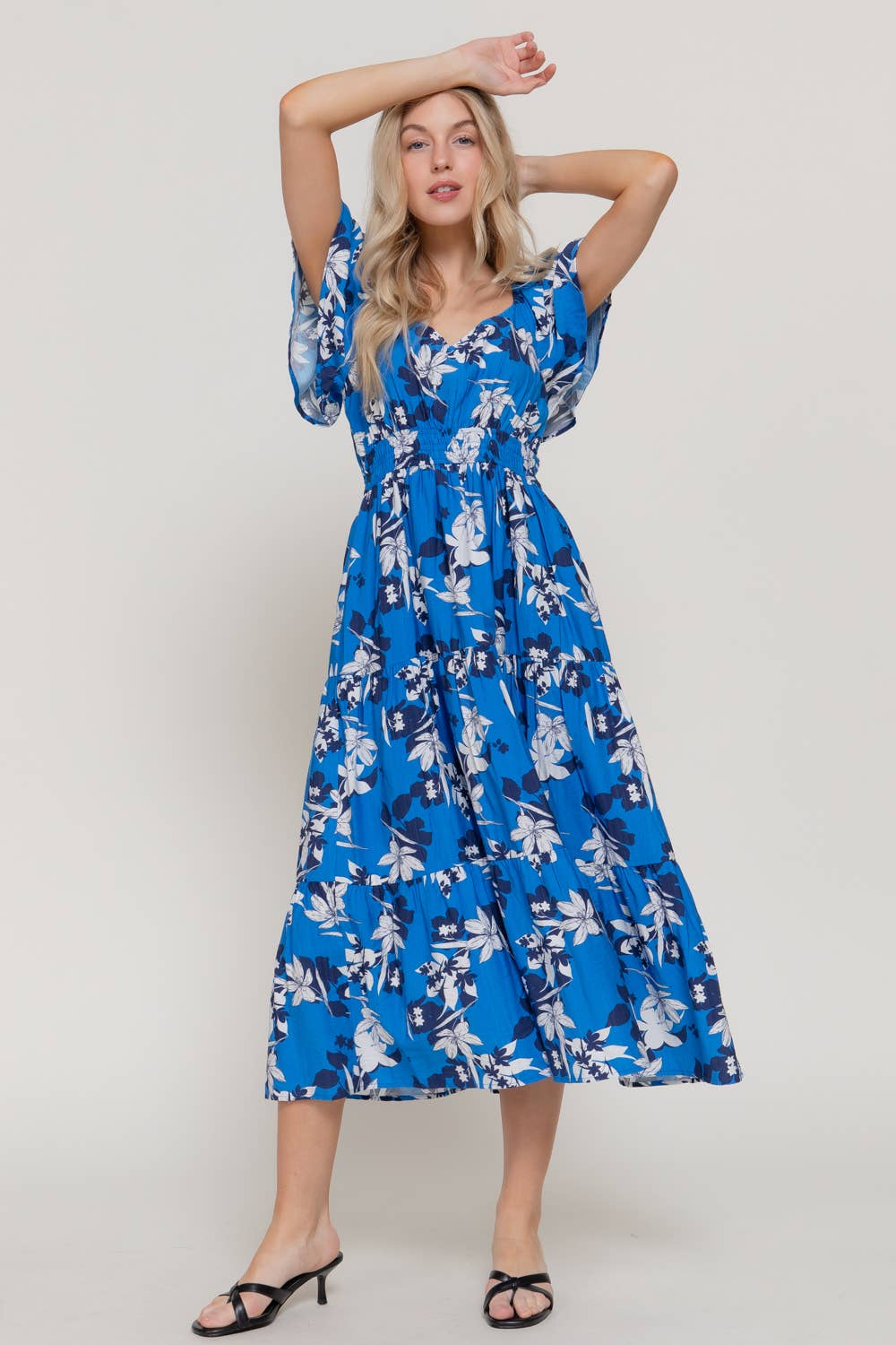 Active USA - Women's Short Flutter Sleeve V-Neck Maxi Printed Dress - D15017