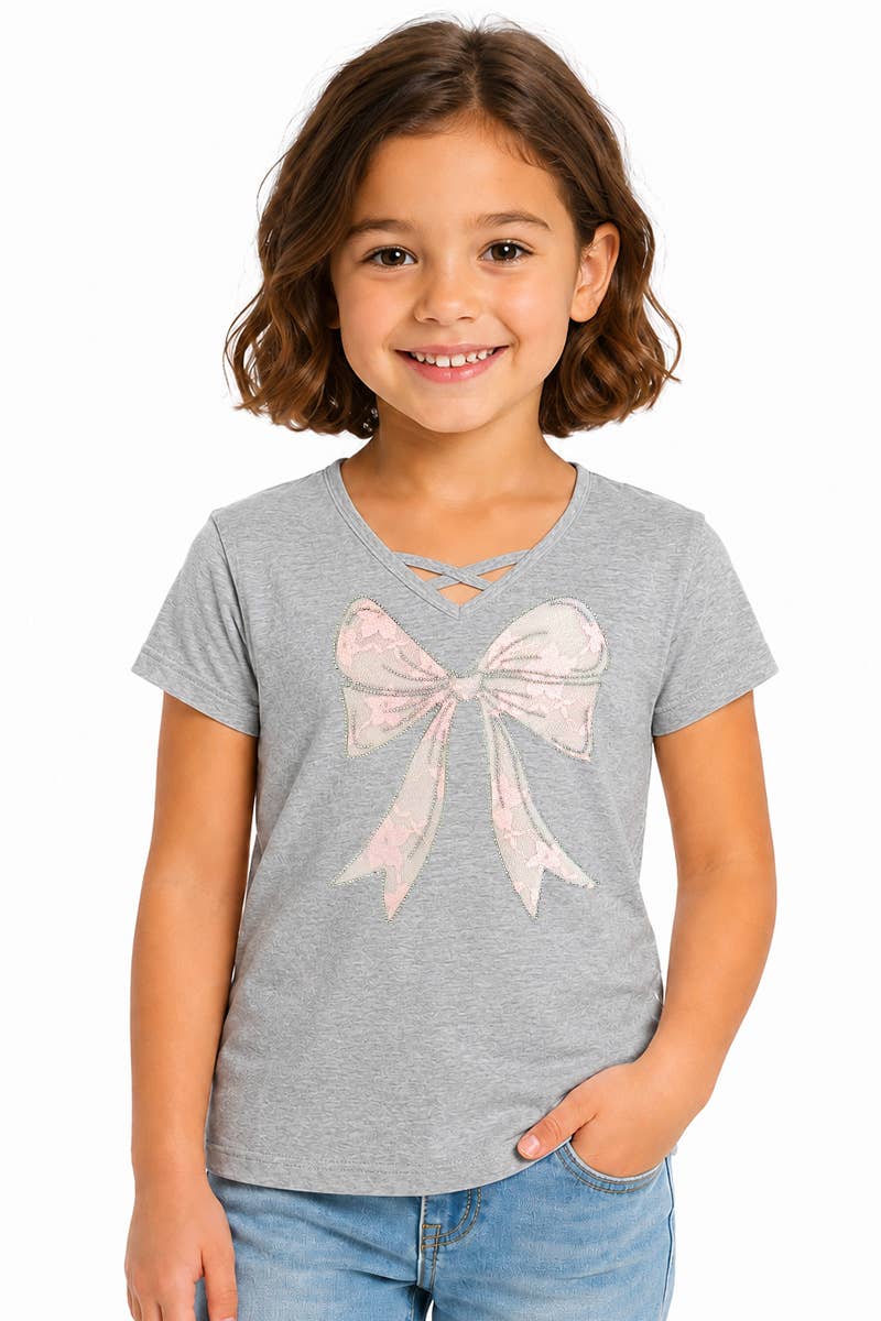 Girl's Graphic Tee with Bow Patch & Rhine - GKT-16810B-833