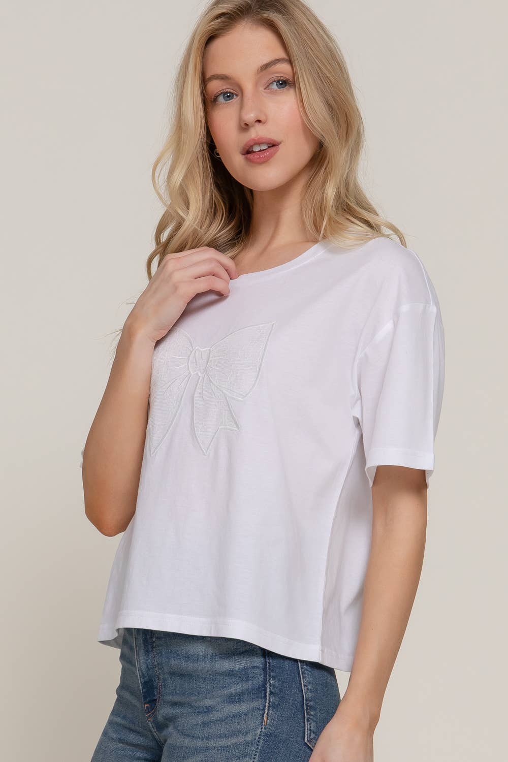 Active USA - Women's Short Sleeve Crew Neck Lace Patch Oversize Cotton Jersey Top - T14465