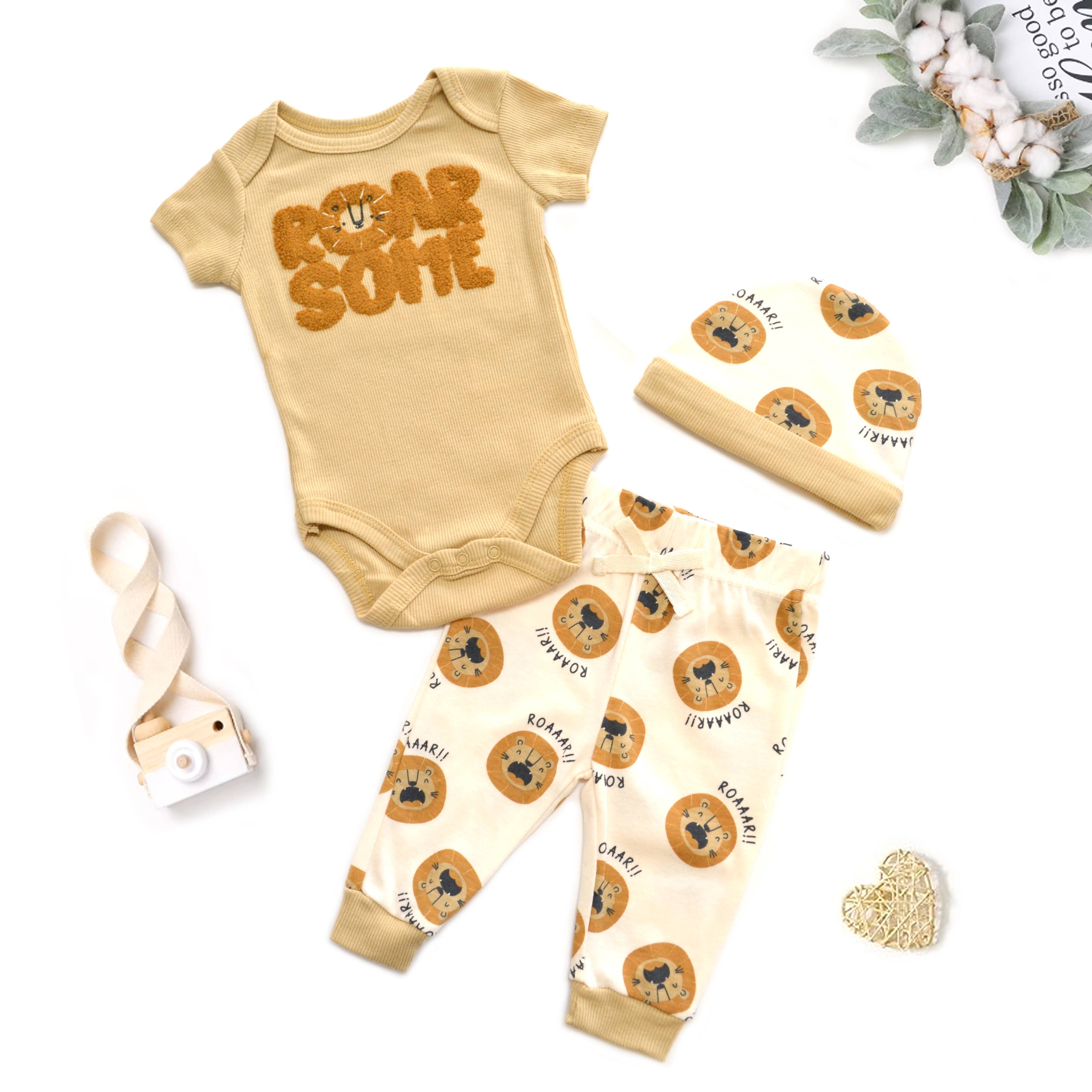 Baby 3pcs Chenille Applique Bodysuit Hat Pants Set