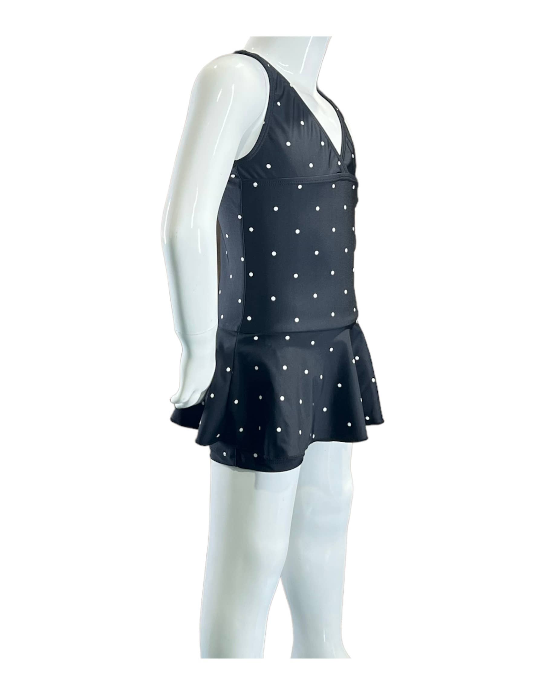 Girls Swim dress 1pc w/boy short under the skirt - Blk/Wht Dot - K4723