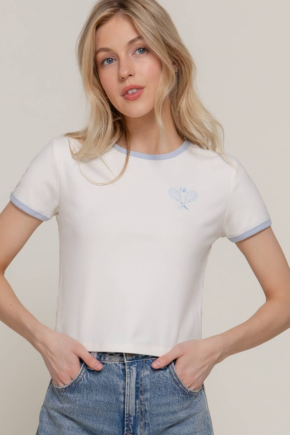 Active USA - Women's Short Sleeve Crew Neck Embroidery Ringer T-shirt - T14440