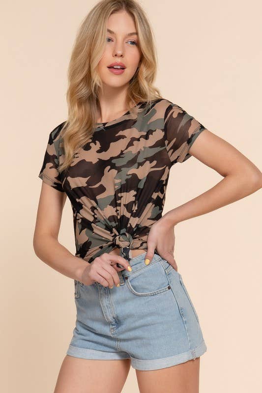 Active USA - Women's Short Sleeve Crew Neck Knotted Camo Print Mesh Mesh Top - T13998