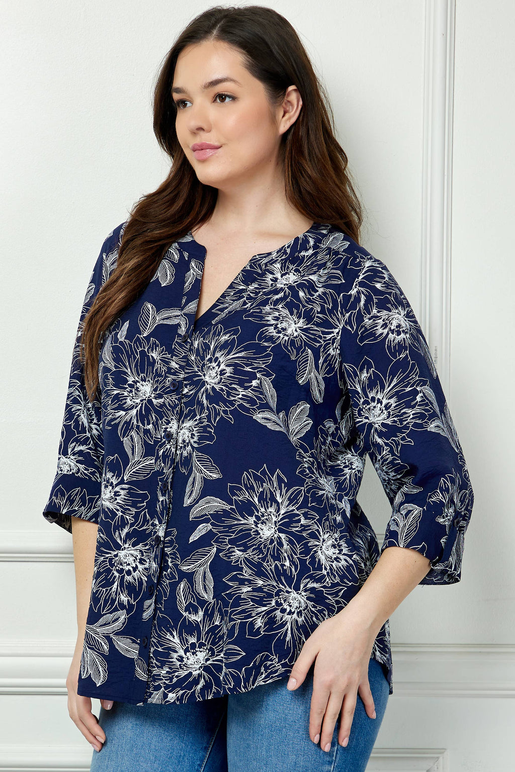 Colección Winslow - Blusa de cuello mandarín con mangas enrollables para mujer [Talla grande] - G946550B13X